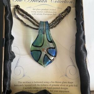 Blue and Green Artesian Art Glass Pendant Necklace